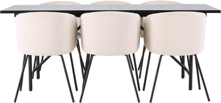 Astrid eethoek tafel zwart en 6 berit stoelen beige.