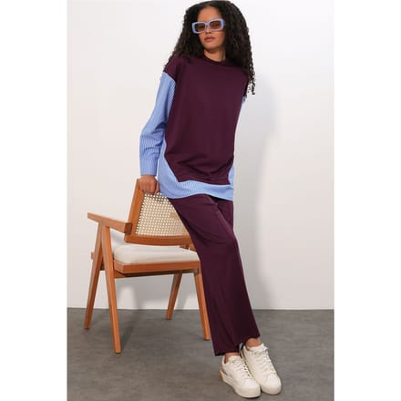 Gestreepte Lange Crew Neck Twee-Delige Coördineer Set