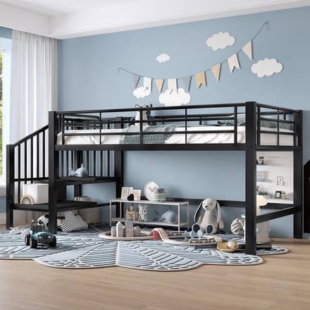 Pugsdrly Halfhoog mezzaninebed 90 x 200 met opbergtrap, zwart