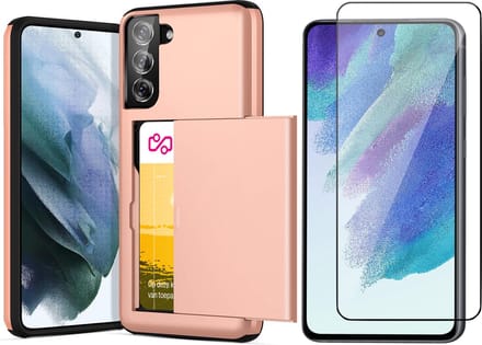 Hoesje met Pasjeshouder geschikt voor Samsung Galaxy S21 FE - Screen Protector FullGuard - Back Cover SlideCase Roségoud & Screenprotector