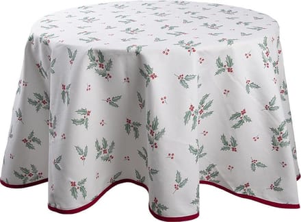 Clayre & Eef Tafelkleed Ø 170 cm Wit Rood Katoen Rond Hulstbladeren Tafellaken