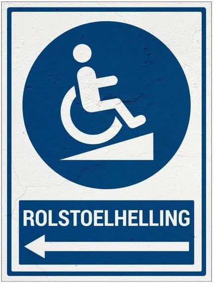 Rolstoelhelling links bord met tekst | Sign Again materiaal | 28 x 21 cm