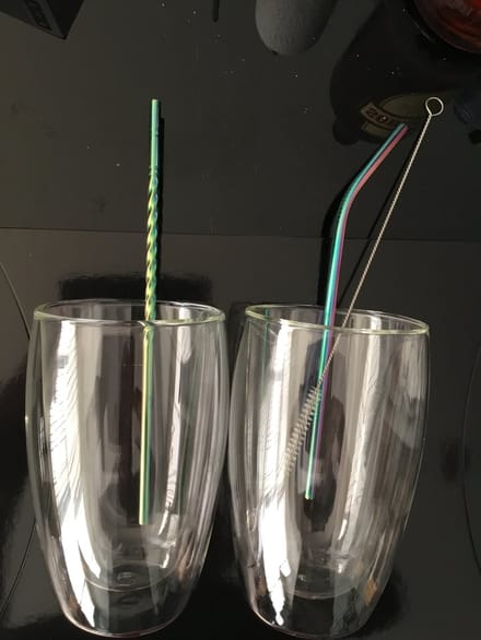 Set van 2 dubbelwandige/thermische koffie/thee/jusglazen 450ML met inox rietje en borsteltje