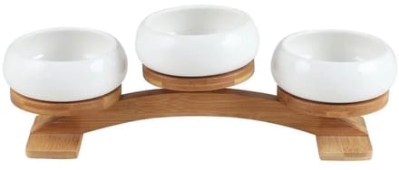 Bavary – chubby snackschalen – 3-delig – met houten boogstandaard – wit & hout