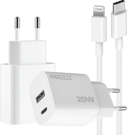 Phreeze usb C adapter 20 W met MFI gecertificeerde Lightning kabel geschikt voor iPhone en iPad - Snellader met 2 poorten