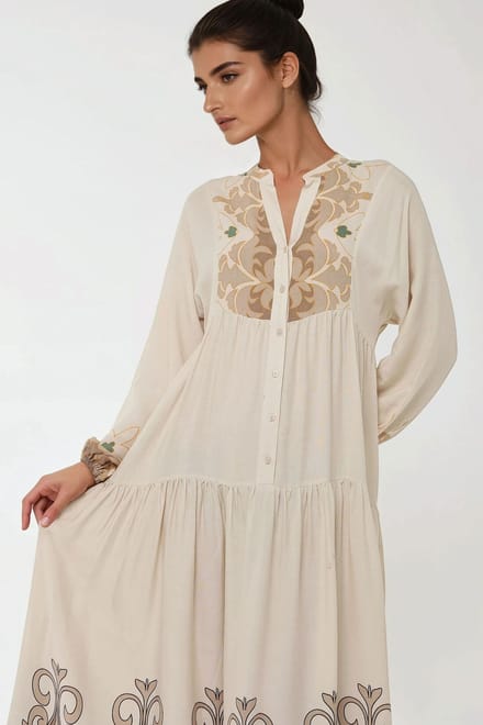 Geprinte Lange Mouw Viscose Maxi Jurk