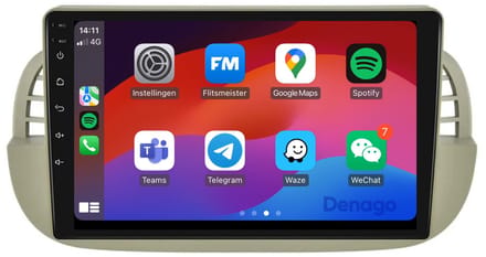 CarPlay autoradio geschikt voor Fiat 500 | 2007 t/m 2015 | Beige frame | Android 16 | Draadloos Apple CarPlay & Android Auto | 2GB + 32GB | QuadCore processor | Denago DNG-A54 | 2025 model | 2007 2008 2009 2010 2011 2012 2013 2014 2015 | Bluetooth &