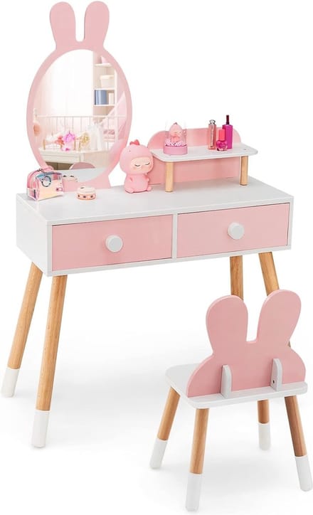 2-in-1 Kindermake-uptafel met Spiegel en Kruk - Roze Kaptafel voor Meisjes