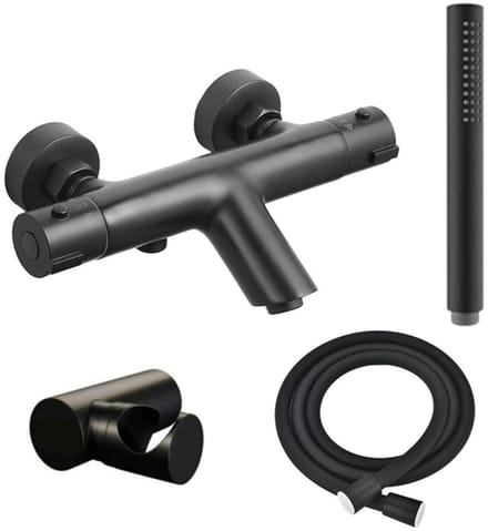 FugaFlow Efficiente Sobrado thermostatische bad-/douchekraan met handdouchehouder, doucheslang en staaf handdouche mat zwart -
