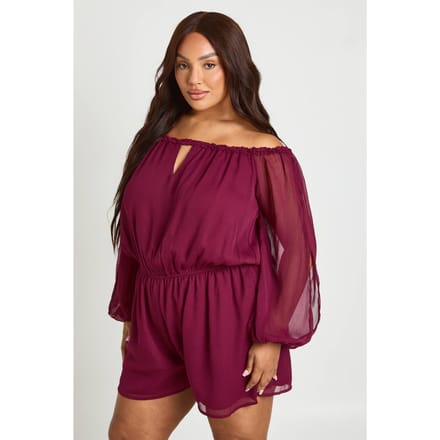 boohoo Dames Plus Chiffon Bardot Playsuit Met Ballonmouwen | Bordeaux Rood | Maat: 48