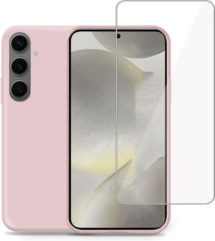 Hoesje + Screenprotector geschikt voor Samsung Galaxy S24 Plus – Tempered Glass - Liquid Back Case Cover Rose