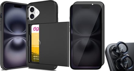 Hoesje met Pasjeshouder geschikt voor iPhone 16 Plus - Privacy Screenprotector FullGuard & Camera Lens Screen Protector Zwart - Back Cover SlideCase Zwart