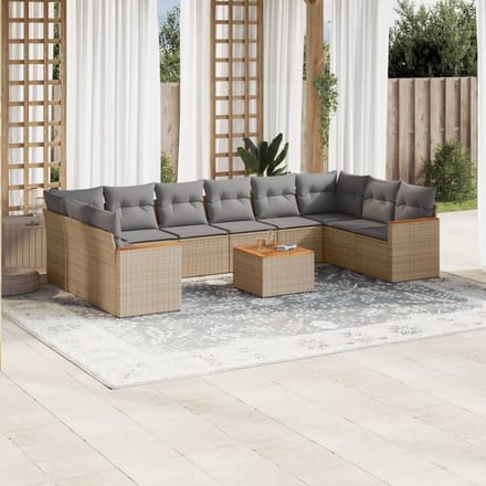 vidaXL - 11-delige - Loungeset - met - kussens - poly - rattan - gemengd - beige