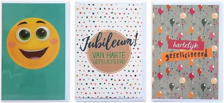 3 Wenskaarten – Jubileum + Van Harte Gefeliciteerd + Smiley - 12 x 17 cm – JUB-302