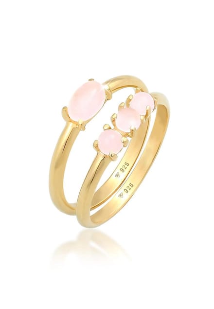 Elli - Ring - Dames Stacking Ring Set Vintage Trend met roze kwarts in 925 Sterling Zilver Verguld - Dames