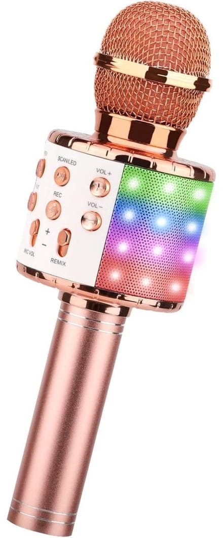 EXCITAT Draadloze karaokemicrofoon - Draagbare Bluetooth karaokemicrofoon - met LED-discolicht - Geschikt voor zingende kinderen en volwassenen - Roségoud