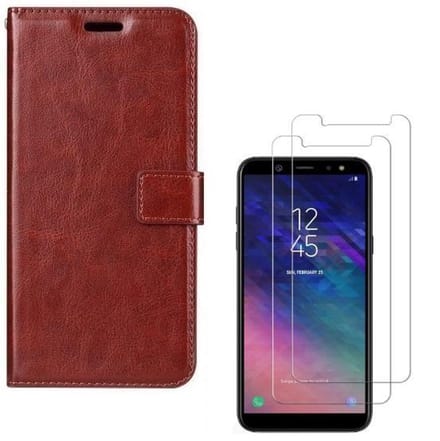 hoesje Geschikt voor: Samsung Galaxy A6 + Plus 2018 Portemonnee bruin met 2 stuks Glas Screen protector