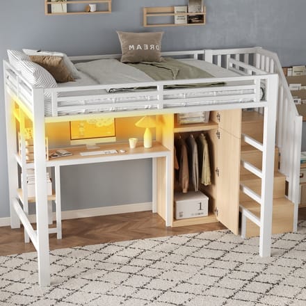 MODFU Hoogslaper 140x200 cm – Wit metaal/MDF – Met bureau, kledingkast & LED (app) – 4-treden trap – 21 latten – 150 kg