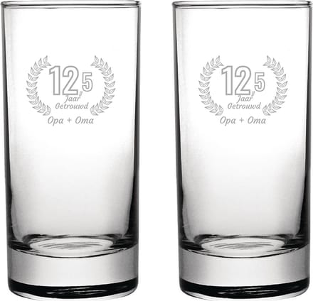 Gegraveerde set Longdrinkglazen 28,5cl Opa + Oma 12,5 jaar getrouwd