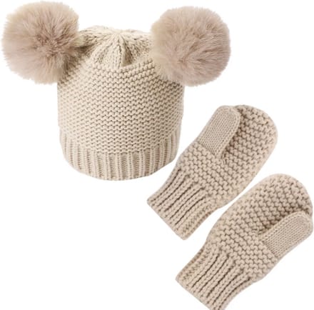 Il BAMBINI - Winterse set voor kinderen - Muts met Pom Pom en wanten - Beige - 1- 3 jaar