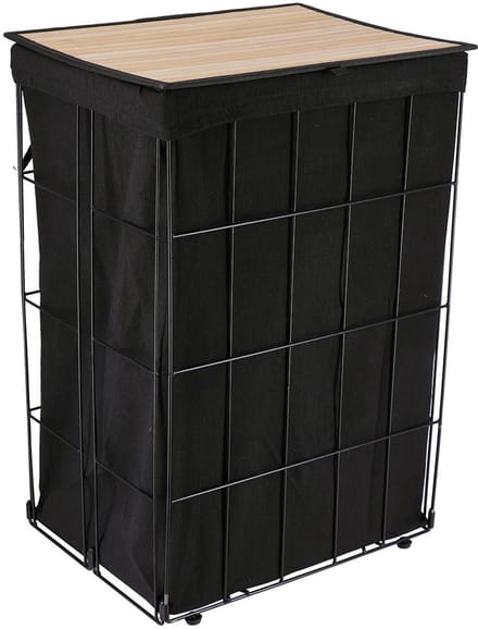 Tendance Wasmand met deksel Bamboe - zwart - metaal- 60 liter - 40 x 30 x 60 cm