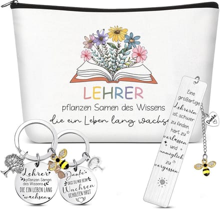 Cadeauset Bedankje Leraar: Make-up Tas, Boekenlegger en Sleutelhanger voor Afscheid en Afstuderen