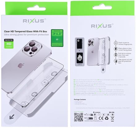 Rixus Clear HD Tempered Glass With Fit Box For Apple iPhone 17