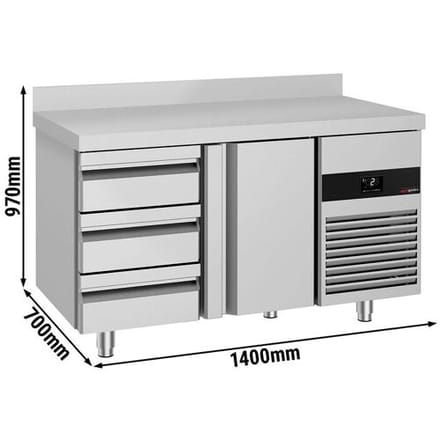 GGM Gastro Koelwerkbank PREMIUM - 1400x700mm - met 1 deur - 3 lades - met opstand zilver