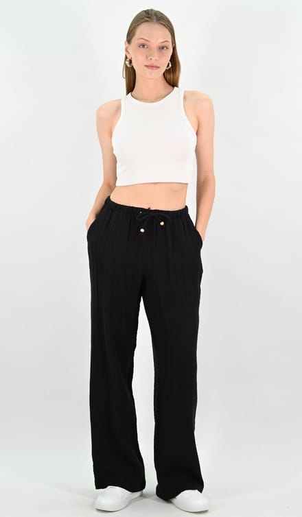 YesMooi - Katoenen Wijde Broek met Elastische Taille - Zwart - M (38)