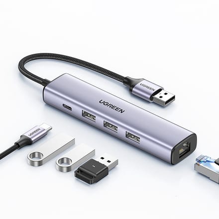 Ugreen - Multifunctionele HUB Adapter - USB 3.0 - 3x USB - Ethernet RJ-45 - USB-C PD - Grijs