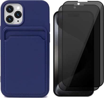 Hoesje Pasjeshouder geschikt voor iPhone 15 Pro - 2x Privacy Screenprotector FullGuard - Siliconen Case Back Cover Blauw & Screen Protector