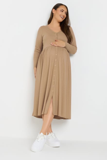 Bump It Up Maternity Geribbelde Premium Midi Jurk Met Knopen In Beige Size 50