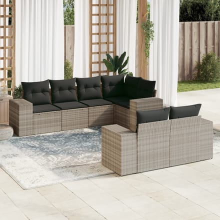 vidaXL - 7-delige - Loungeset - met - kussens - poly - rattan - lichtgrijs