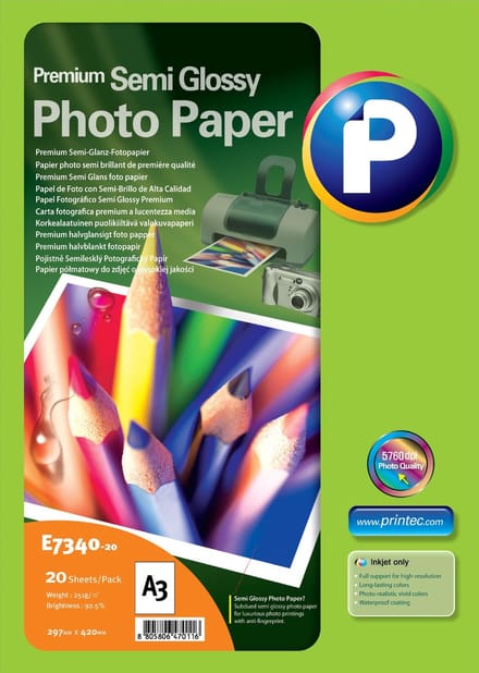 Printec Fotopapier - Premium Semi-Glossy - 20 Vellen - A3 - 297 x 420 mm - 251 gram per m²