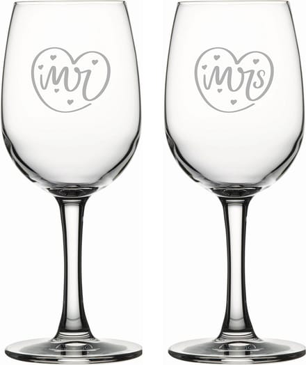 Gegraveerde set witte wijnglazen 26cl Mr. In hartje - Mrs. In hartje