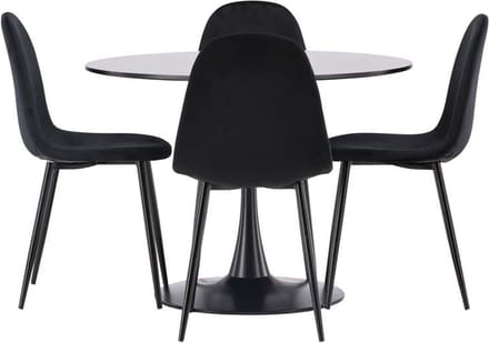 Glade eethoek tafel zwart en 4 Polar stoelen zwart.