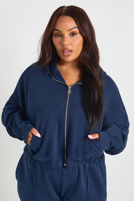 boohoo Dames Plus Core Basic Boxy Ballon Mouw Oversized Ritssluiting Hoodie | Marineblauw | Maat: 50