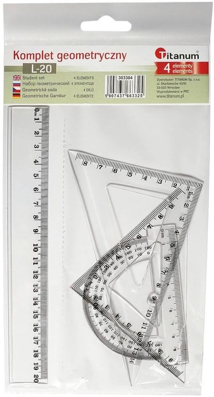 4-delige Geometrie Set: Liniaal, Gradenschaal, 2x Tekenhaak