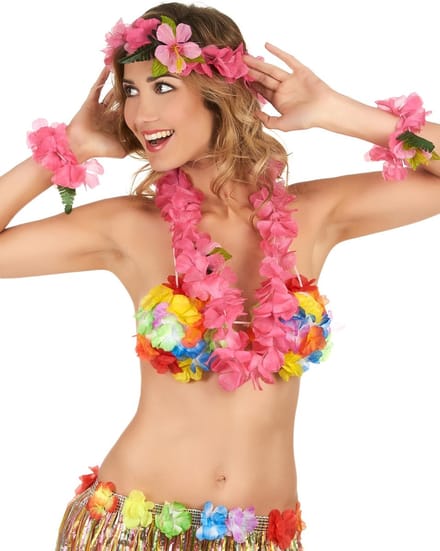 Vegaoo - Roze bloemen Hawaii set voor volwassenen