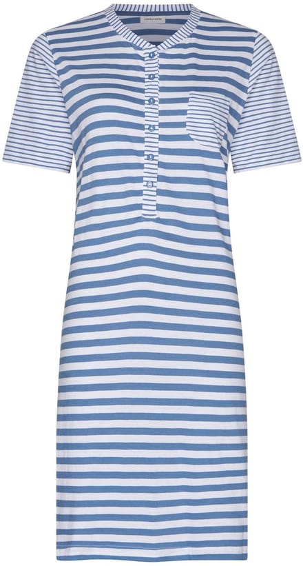 Pastunette - Nachthemd - Stone Blue - Katoen - Blauw/Wit - Knoopsluiting - Maat 48