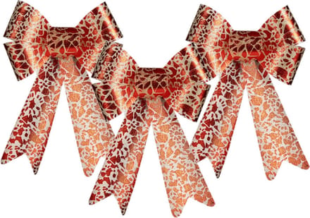 Krist+ kerstboomversiering strikken - 3x stuks - rood/creme print - 15 x 25 cm - kerststrikken