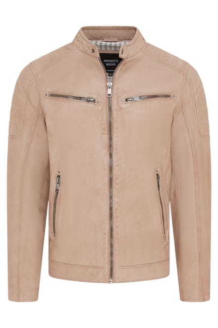 Beige Modern Klassiek Leren Gewatteerd Bikerjack voor Heren - Derry