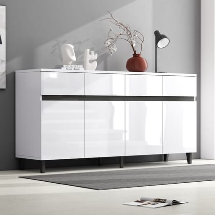 Commode - 120x40x85 cm - Hoogglans met 4 Laden - 2 Deuren en Verstelbare Planken - Hoogglans - Wit