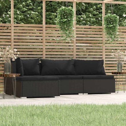 vidaXL - 4-delige - Loungeset - met - kussens - poly - rattan - zwart