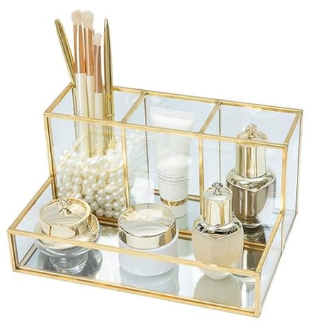 Gouden Make-up Organizer met Borstelhouder en Compartimenten