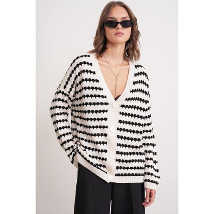 Gestreepte Knop Cardigan met Oversized Ribs