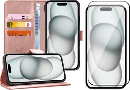 Hoesje geschikt voor iPhone 15 Plus - Screen Protector FullGuard - Book Case Kunstleer Pasjeshouder Rosegoud & Screenprotector