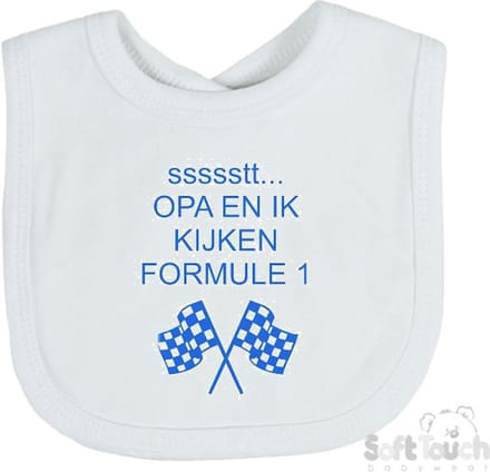 Soft Touch Slabber Slabbetje Slab "Opa en ik kijken Formule 1" Formule 1 33 x 22 Cm Katoen Wit/blauw