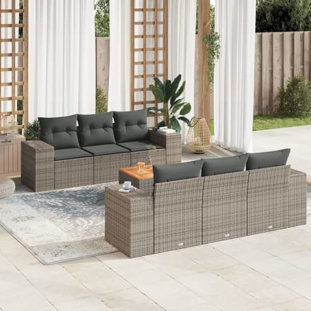 vidaXL - 7-delige - Loungeset - met - kussens - poly - rattan - grijs