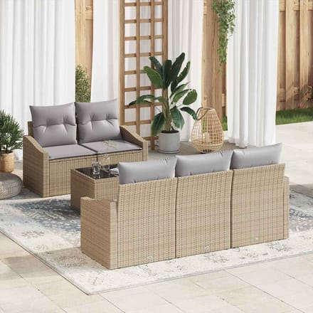vidaXL Bankstel met kussen met opslag 6 pcs Beige en Grijs poly rattan